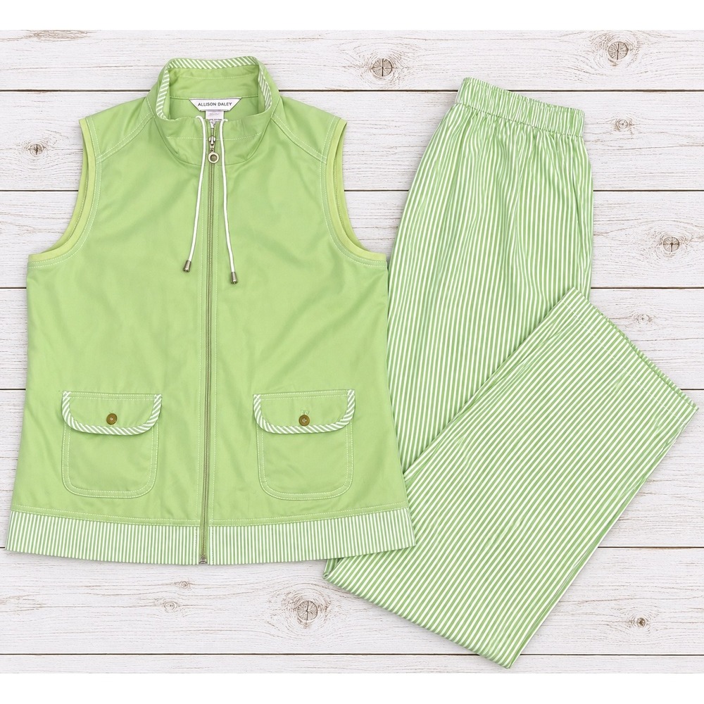 Allison Daley Vest Pant Set Green White Striped Two Piece Tracksuit Casual 12